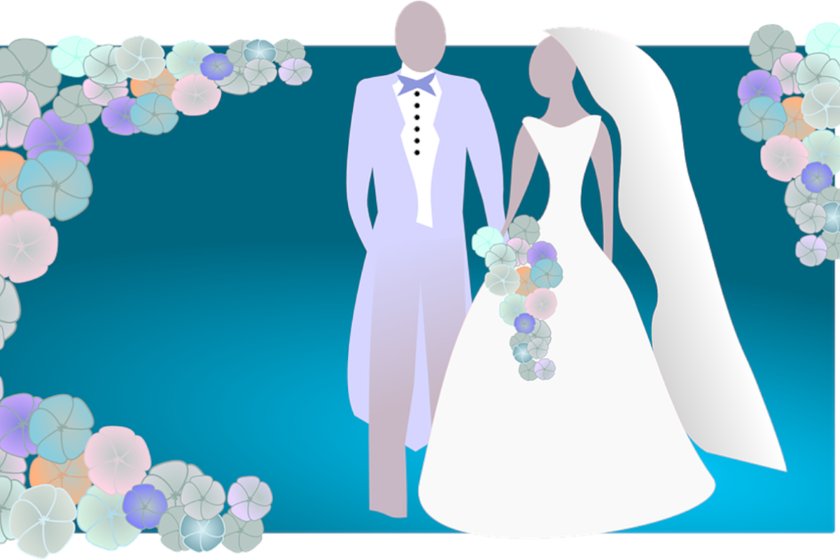 Illustration: Bride and Groom Holding Hands; cover image for Mr. &amp; Mrs.